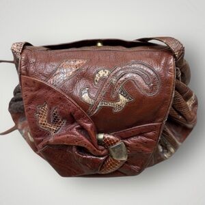 Vintage Sharif Brown Leather Patchwork Embossed Reptile Shoulder Crossbody Bag